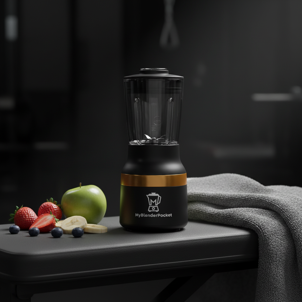 PocketV3 blender pro sur banc de gym avec logo
