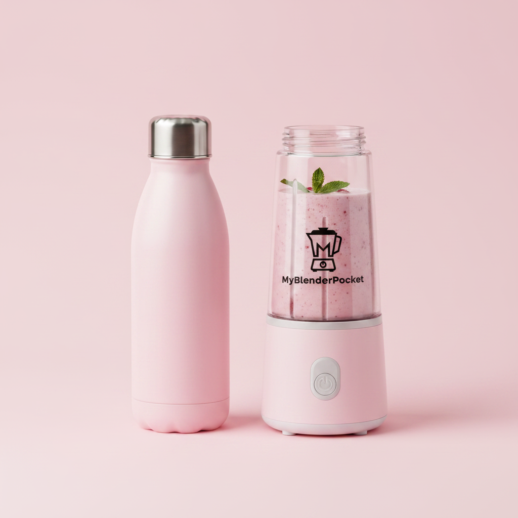 Bouteille rose avec mini blender et smoothie