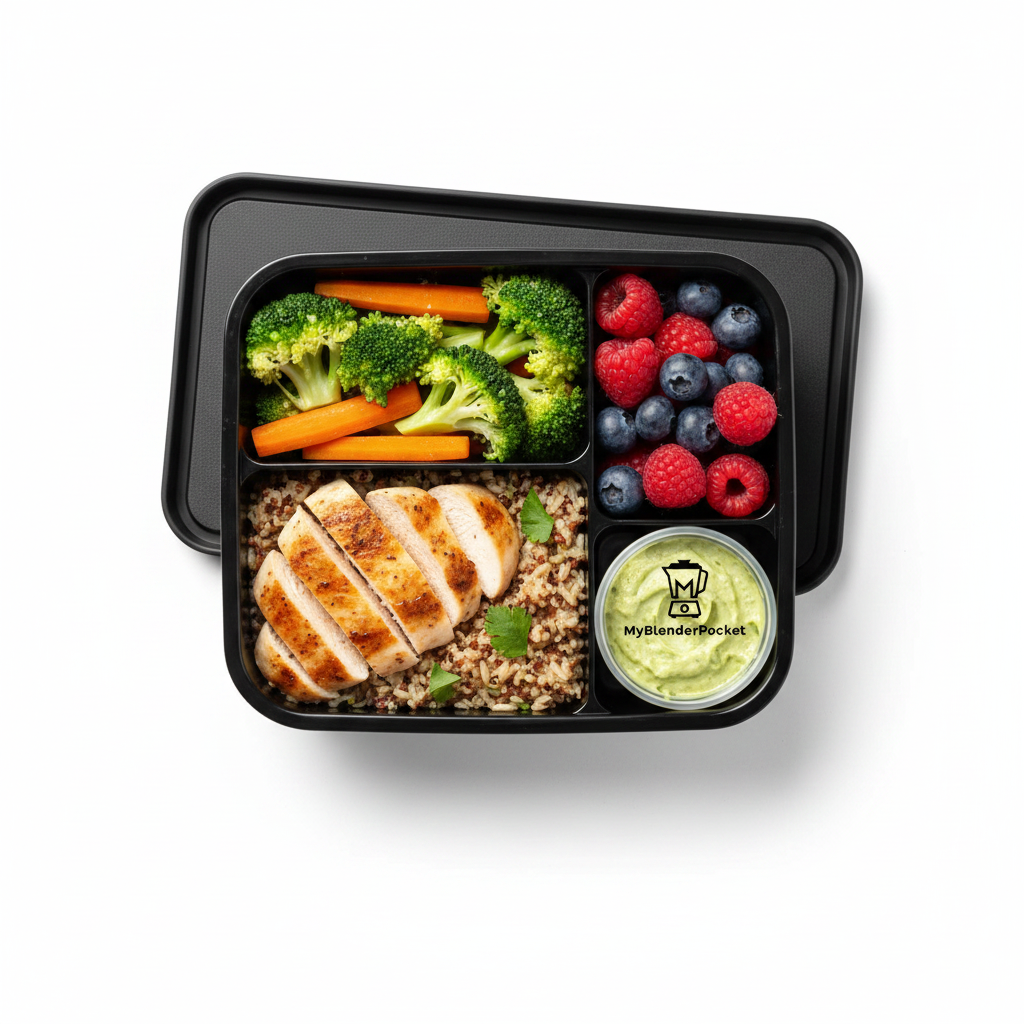 Lunch box noire ouverte avec compartiments repas
